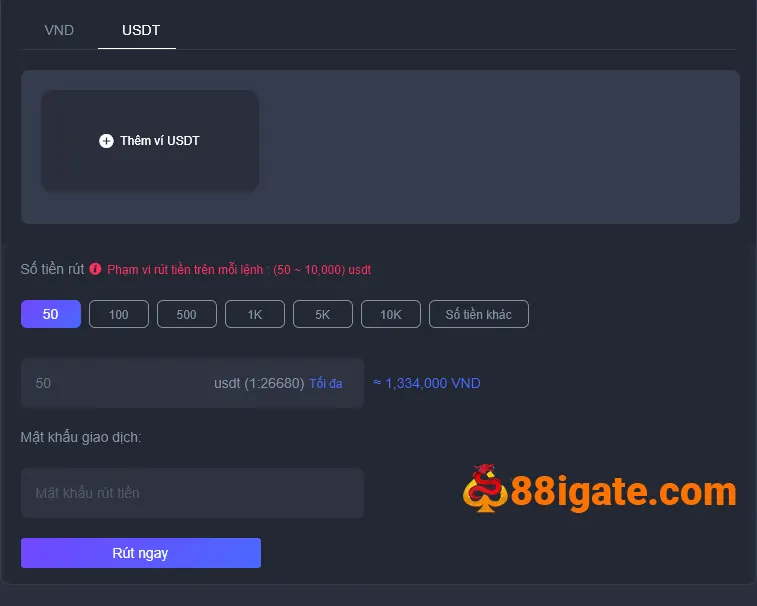 Rút tiền 88i bằng USDT